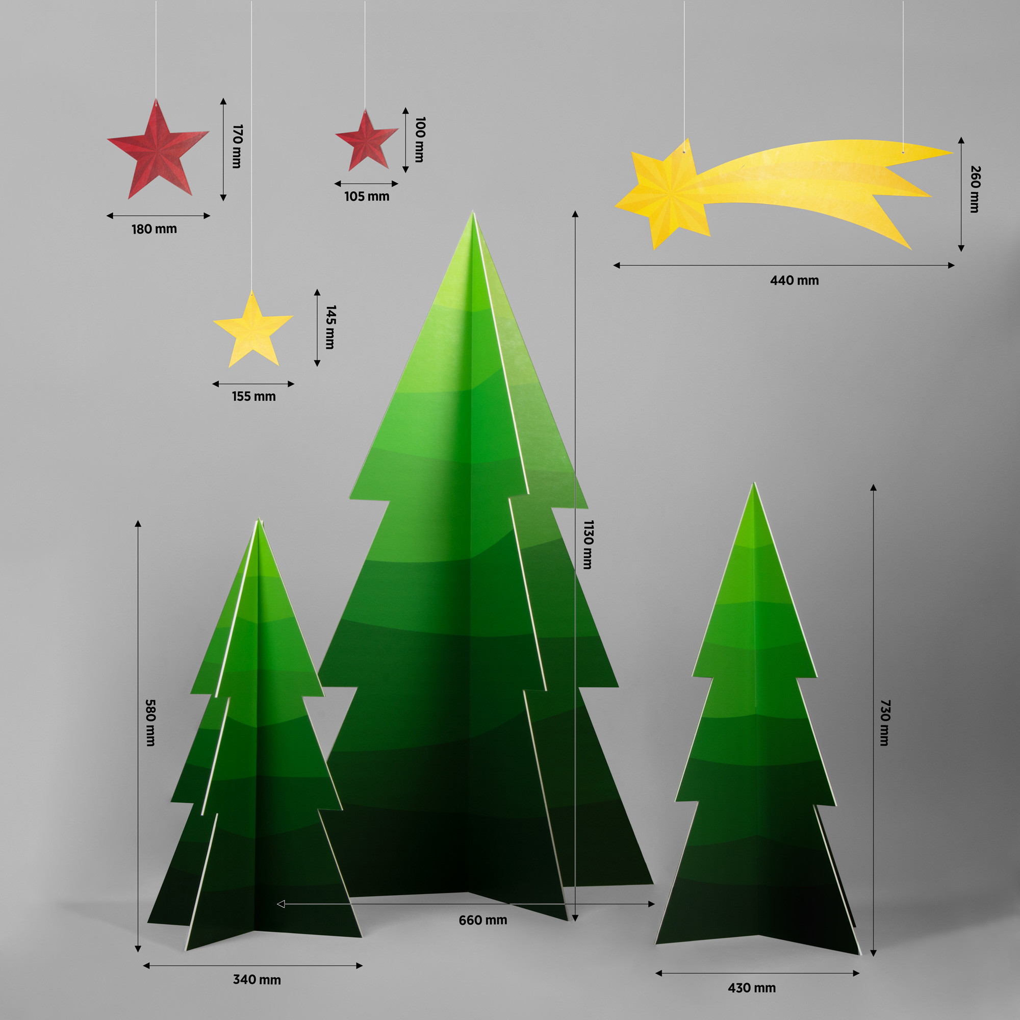 KOHLSCHEINcreative Deko-Set – Weihnachtsbäume bedruckt mit Maßangaben